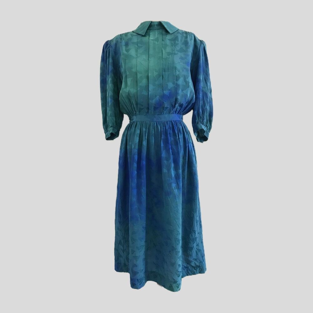 Vintage Cadaz 1980s Blue Silk Ombre Pleated Geometric Print Midi Dress Womens S